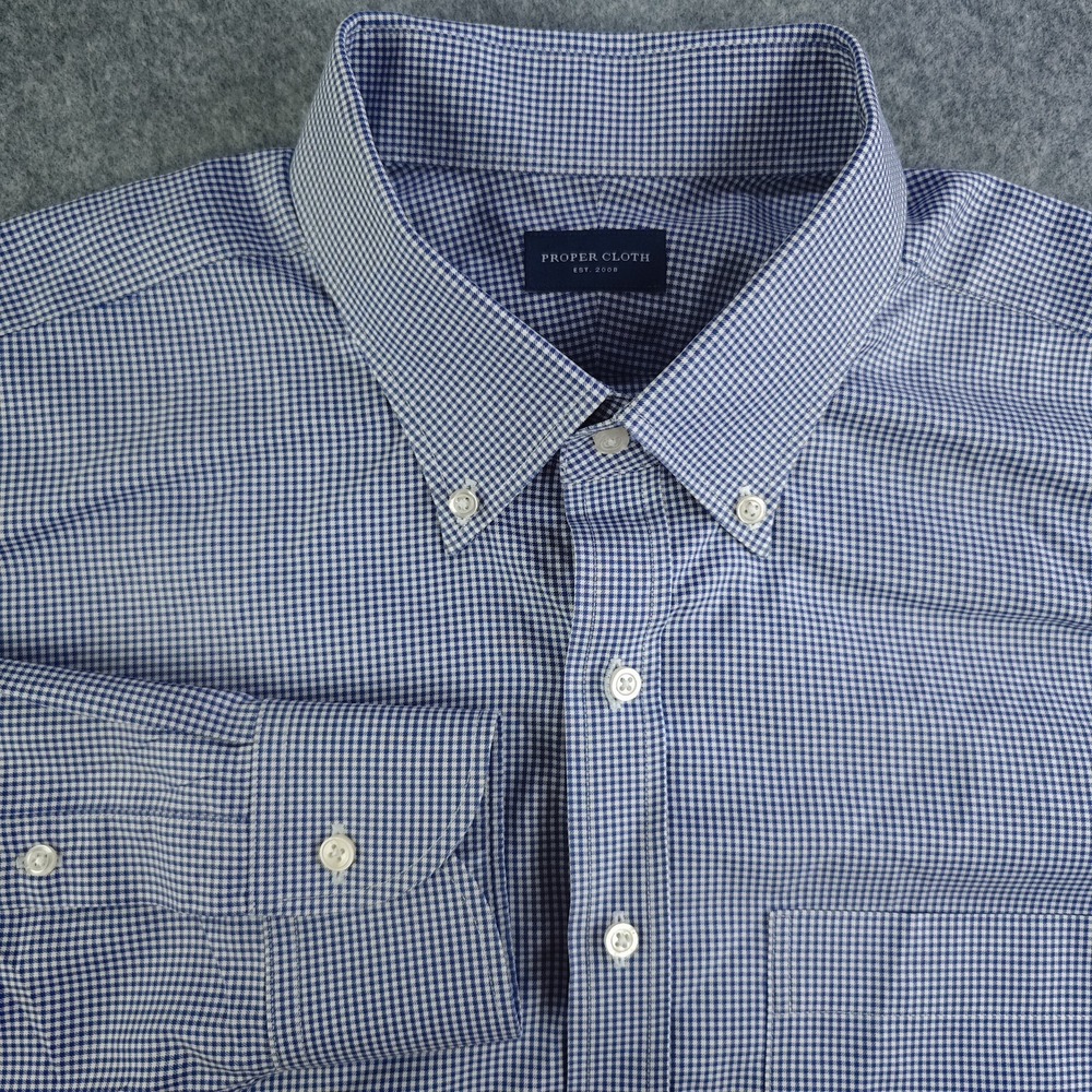 Proper Cloth Dress‎ Shirt Mens 19 39 Navy Blue Mini Check Cotton Button Down